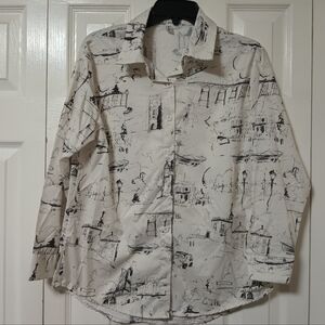 Vintage Black and White Sketch Print Shirt